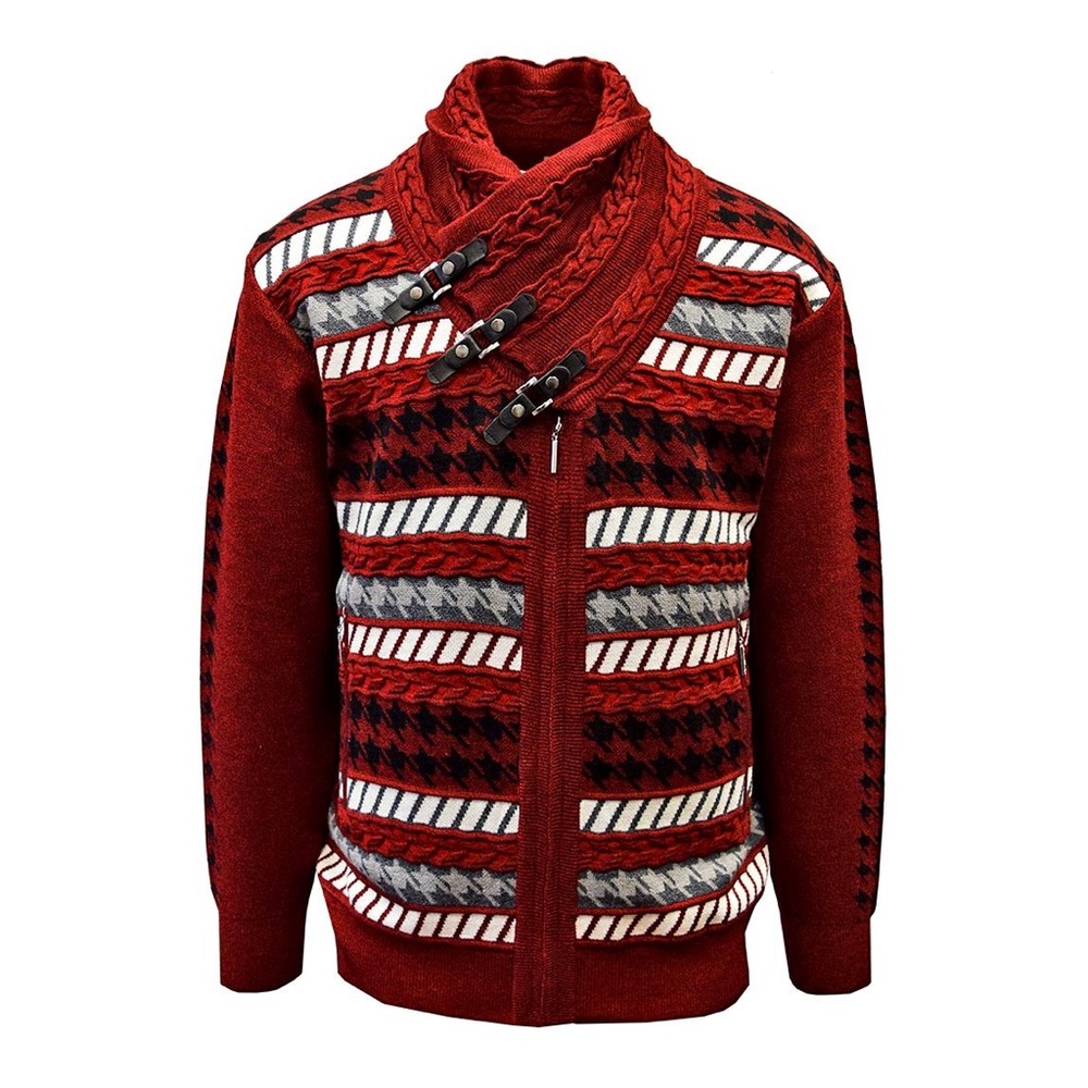 Silversilk Cranberry Red/Black/White Buckled Shawl Collar Zip-Up Sweater Sz 3XL